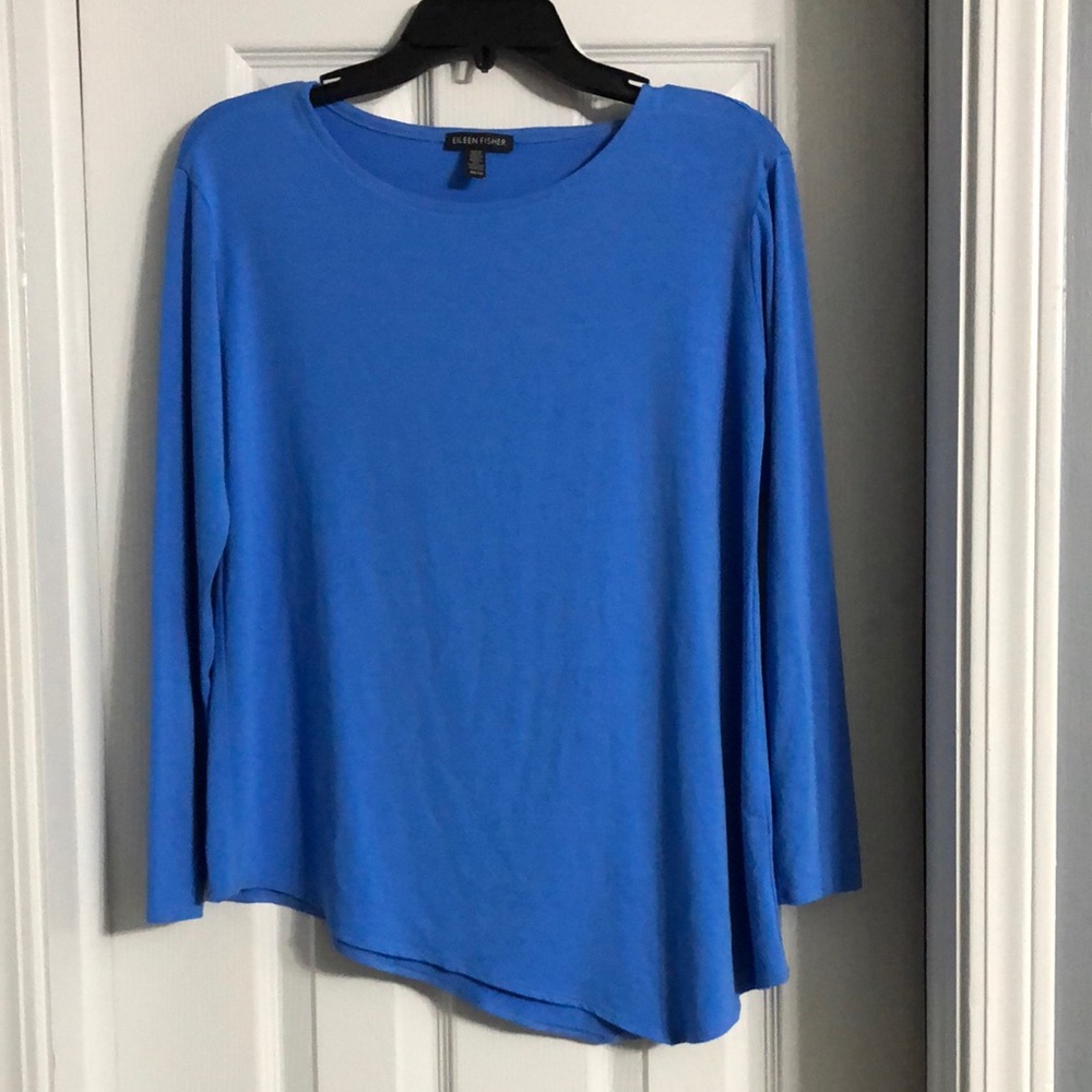 Eileen Fisher Asymmetric Hem Long Sleeve Scoop Neck Stretchy Shirt in True Blue